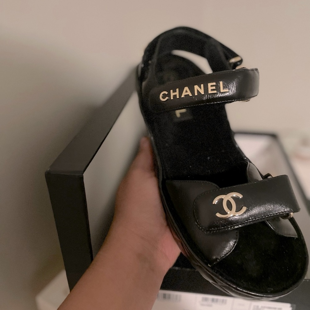 Chanel Leather Black Wedge Sandal